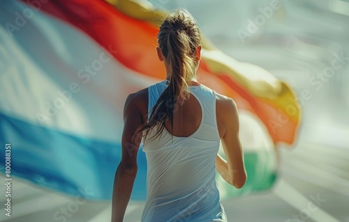 Female runner wearing Olympic flags on white background, summer Olympics theme, a female athlete running, sports goods related advertising, sports background