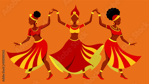 A trio of women clad in bright red and gold fully embodying the spirit of the Sankofa dance with their synchronized movements.. Vector illustration