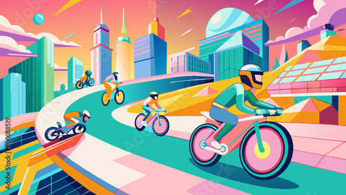 Vibrant Cityscape with Cyclists and Futuristic Architecture