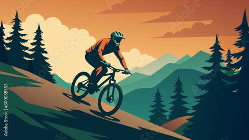 Mountain Biking Adventure at Sunset Through Forested Hills