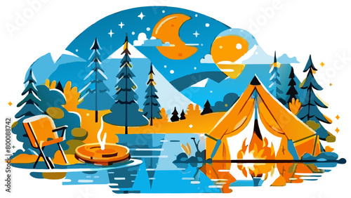 Vibrant Campsite Illustration with Tent  Campfire  and Scenic Night Sky