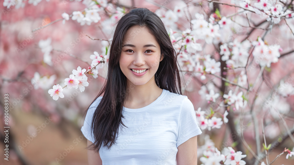 Portrait of a young attractive Asian woman against the background of blooming sakura Portrait of a young attractive Asian woman against the background of blooming sakura
