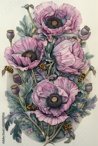 pink poppies arranged in an oval shape  with green leaves and yellow bees. ai generated