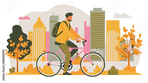 Urban Cyclist Commuting Through Cityscape in Autumn
