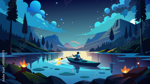 Serene Midnight Kayaking in a Tranquil Mountain Lake