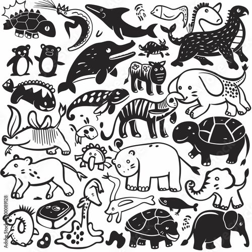 a black and white drawing of different animals