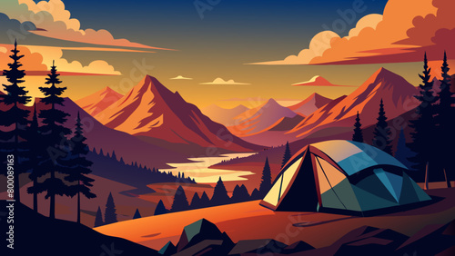 Serene Sunset Over a Mountainous Camping Scene