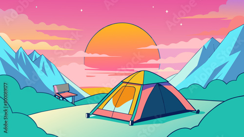 Idyllic Camping Scene with Tent at Sunset in Mountains