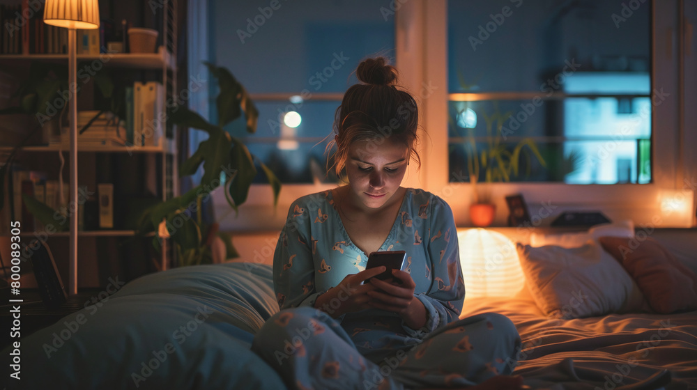 Young woman sitting with phone on bed late at night Young woman sitting with phone on bed late at night
