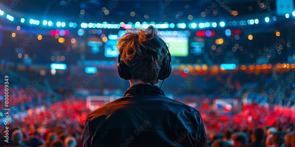 Portrait of a backside view of a sports commentator with a crowd of peoples in stadium with a big space for text or product advertisement background, Generative AI.