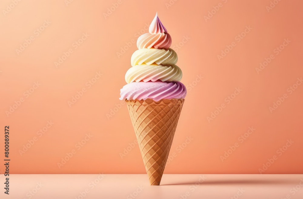 delicious soft serve ice cream in crispy cone on peachy backdrop, refreshing summer dessert delicious soft serve ice cream in crispy cone on peachy backdrop, refreshing summer dessert