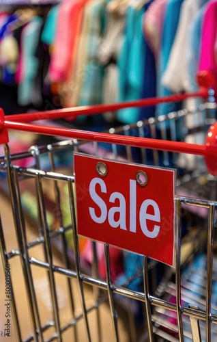 Shopping cart with sale promotion sign written on it, on clothing store background. sale discount promotion, summer discount advertisement, winter discount