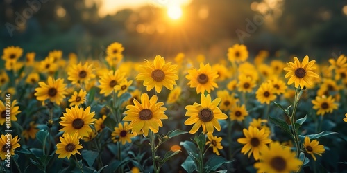 A portrait of a field of yellow flowers with sundown scenery with space for text or product advertisement background or a landscape, Generative AI. © Noobs