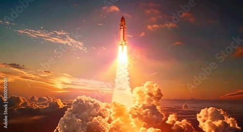 Space rocket in mid-launch taking off while belching fire and smoke. Rocket ignition photo