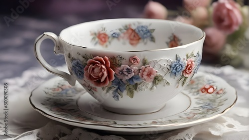  A delicate porcelain tea cup adorned with floral patterns sitting on a lace doily