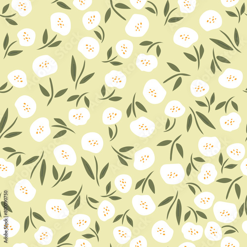 A lot of small white flowers on light yellow background. vector illustration.