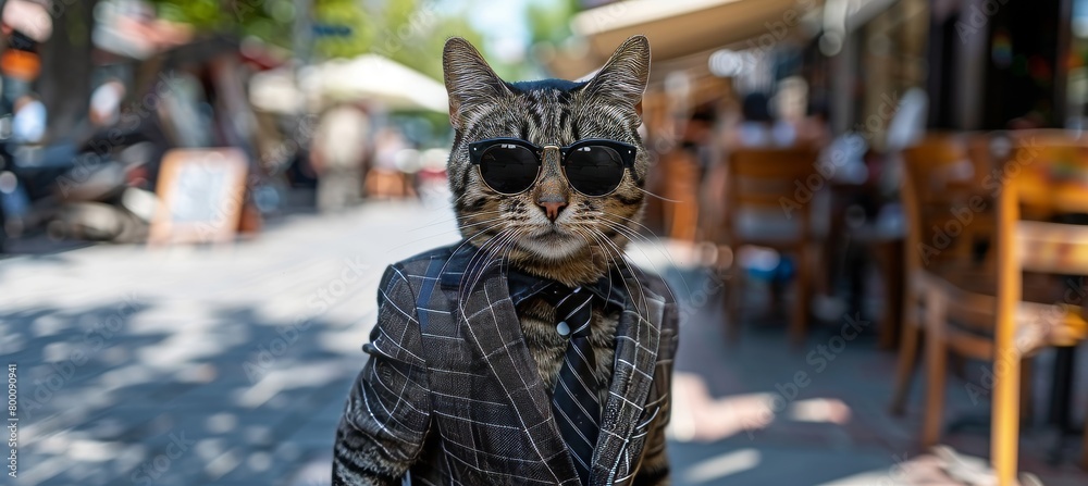 Stylish cat in sunglasses and suit with tie on blurred background, copy space available