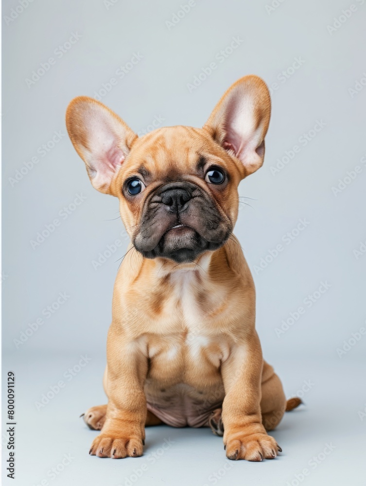 A light brown French Bulldog puppy with big ears, sitting on the floor and looking at the camera against a light grey background in a professional photography studio shot