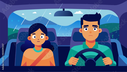 A teen practices driving in the rain while their parent talks about the ups and downs of navigating through difficult times and how it builds. Vector illustration