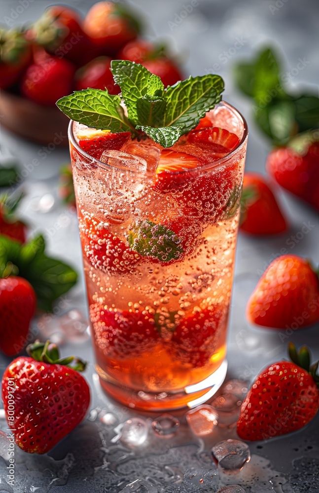 Strawberry mocktail garnished with fresh mint leaves, presented elegantly against a clean white backdrop Strawberry mocktail garnished with fresh mint leaves, presented elegantly against a clean white backdrop