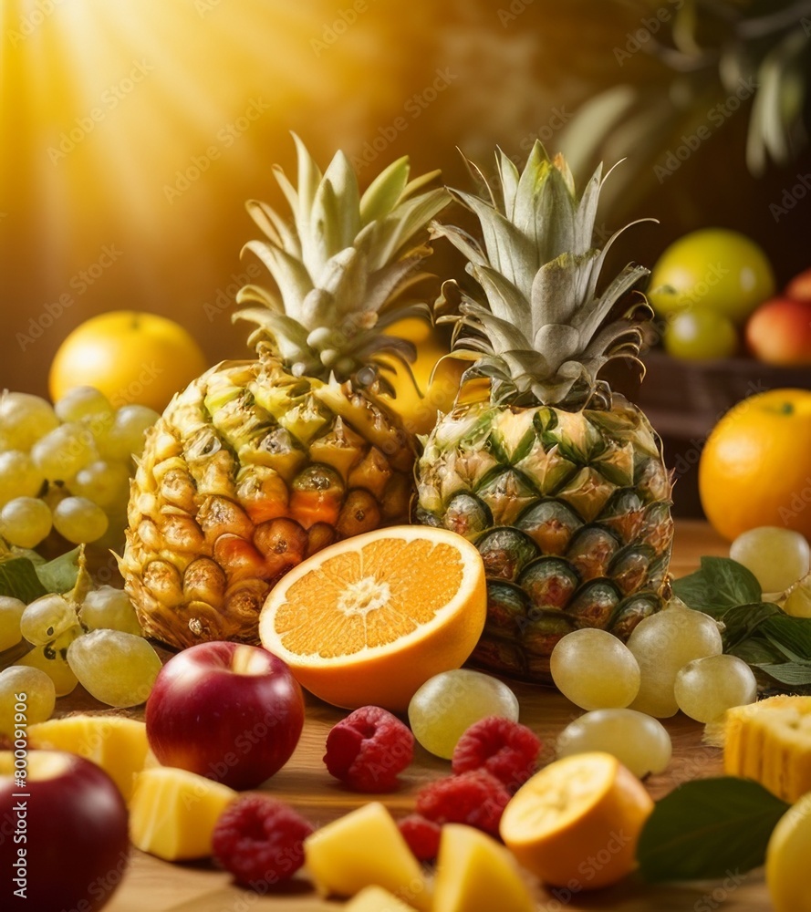 A vibrant display of various fruits, including pineapples, oranges, apples and grapes, are arranged in an elaborate composition. A vibrant display of various fruits, including pineapples, oranges, apples and grapes, are arranged in an elaborate composition.