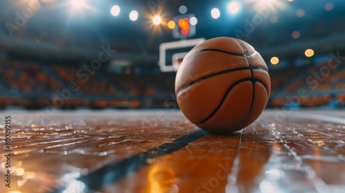 A detailed view of a basketball lying on a shiny wooden court with blurred arena lights in the background.