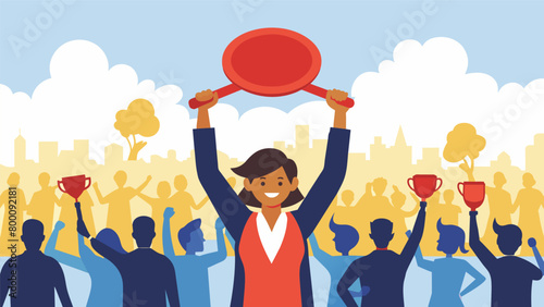 A triumphant winner holding up a trophy made from a mini red castiron skillet with a crowd of supportive onlookers cheering in the background.. Vector illustration