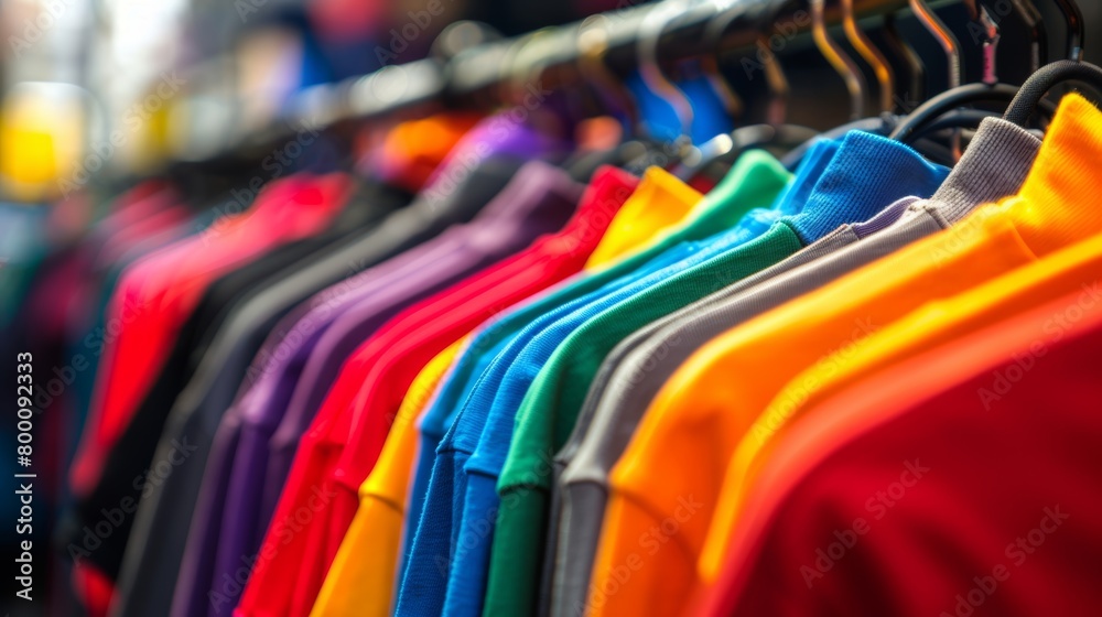 Vibrant selection of colorful t-shirts hanging in a retail shop, showcasing fashion diversity. Vibrant selection of colorful t-shirts hanging in a retail shop, showcasing fashion diversity.