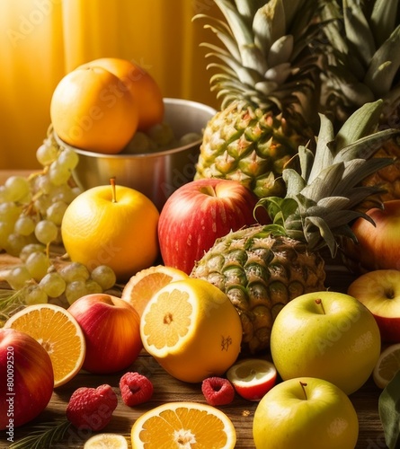 A vibrant display of various fruits  including pineapples  oranges  apples and grapes  are arranged in an elaborate composition.
