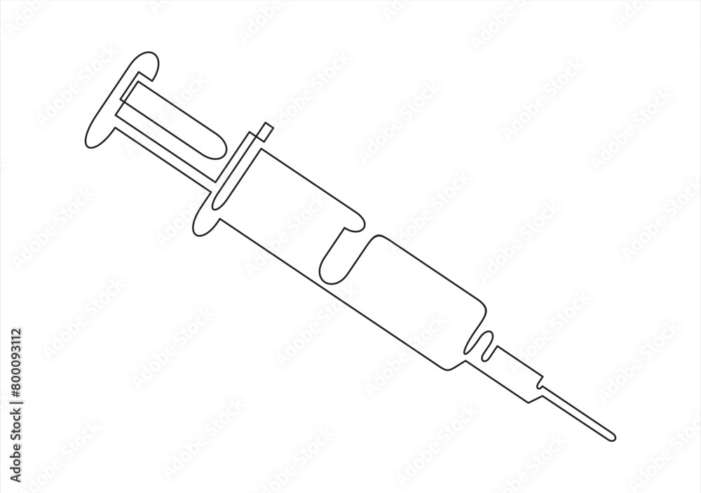 One continuous line drawing of medicine syringe. Pharmaceutical component and vaccine symbol in simple linear style.