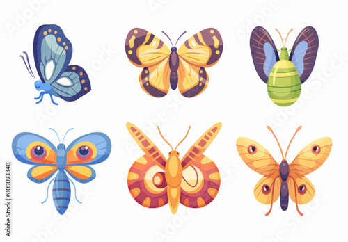 a set of six colorful butterflies on a white background