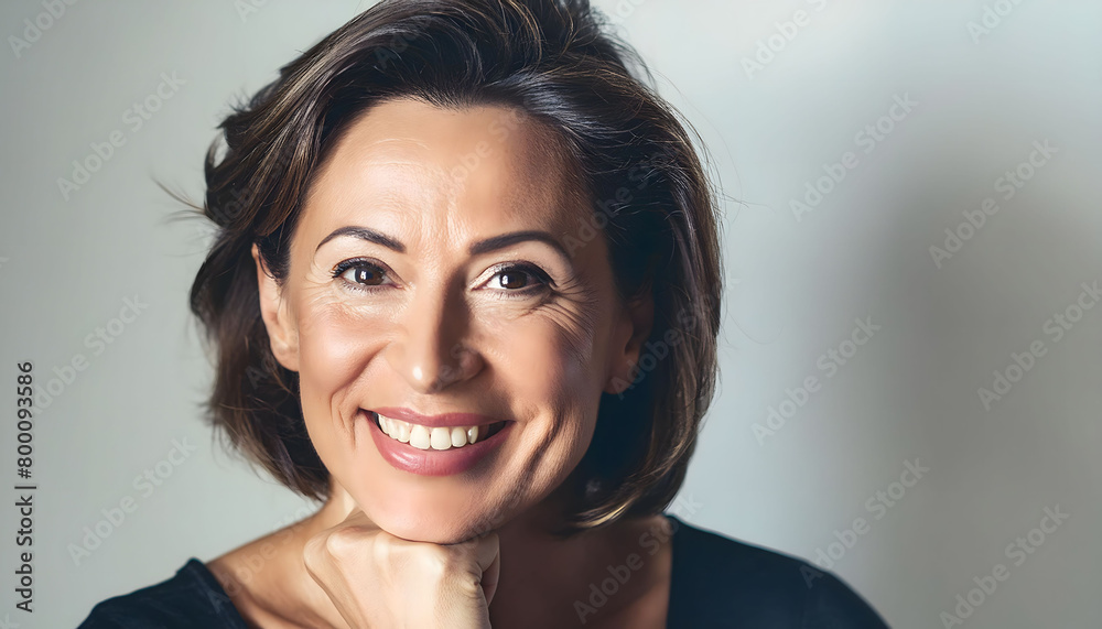 The pleasant-looking middle-aged woman, smiling towards the camera in close-up The pleasant-looking middle-aged woman, smiling towards the camera in close-up