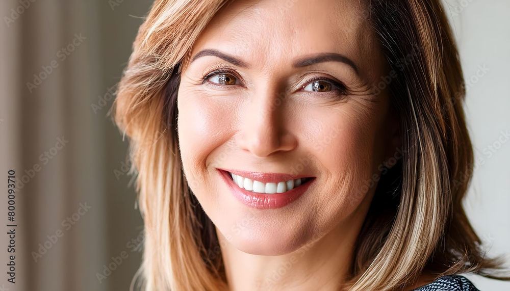 The pleasant-looking middle-aged woman, smiling towards the camera in close-up The pleasant-looking middle-aged woman, smiling towards the camera in close-up