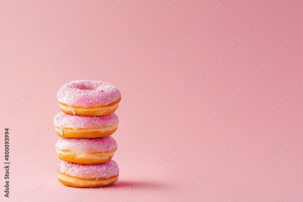 A tempting stack of pink frosted donuts with white sprinkles presented on a pink surface, conveying abundance and sweetness A tempting stack of pink frosted donuts with white sprinkles presented on a pink surface, conveying abundance and sweetness