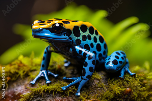  Photograph of a blue and yellow patterned frog with black spots, sitting on moss in the rainforest. A macro shot.