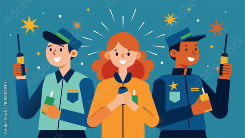 Using walkietalkies and hand signals the skilled crew members coordinate with each other to ensure all fireworks are set in their designated. Vector illustration