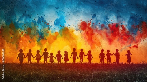 Silhouettes of people against a vibrant rainbow-colored background, symbolizing diversity and unity, concept for the International Day of Innocent Children