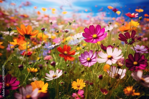 Colorful cosmos flowers in the meadow with blue sky background