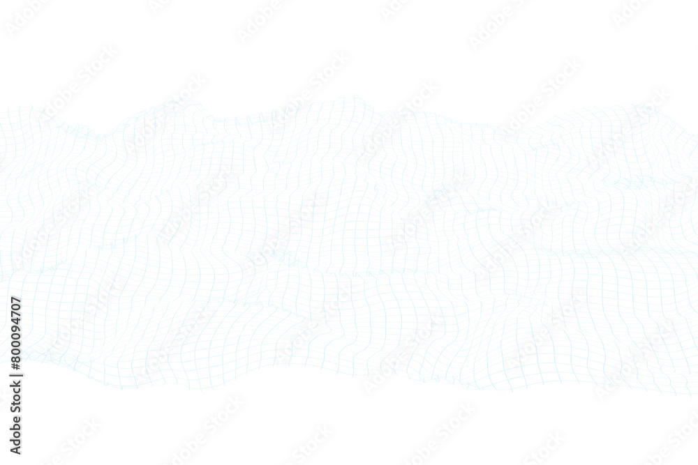 Obraz premium Digital 3D wireframe landscape, on transparent background. Ideal for backdrops in tech presentations, virtual reality environments, and graphical abstracts. Grid, mesh. 3D render.