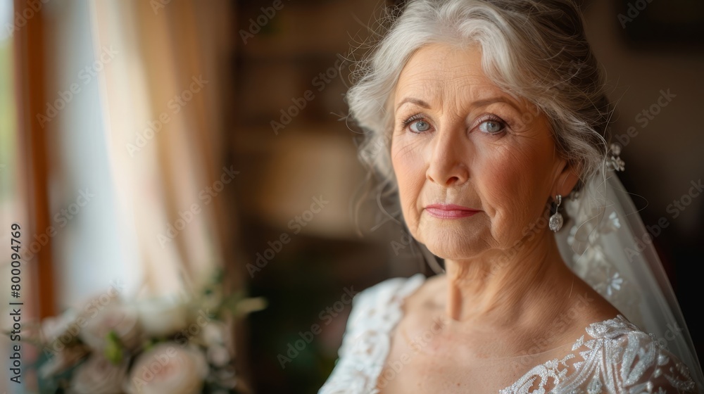 Naklejka premium Timeless bridal beauty: Deep in thought, perfect for classic romance and marriage themes.