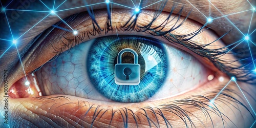 Network security illustration with a lock and the guarding eye on the internet