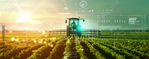 Futuristic agriculture scene with a tractor working in a field at sunrise
