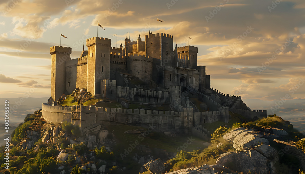 A castle sitting on top of a hill. The castle has towering turrets