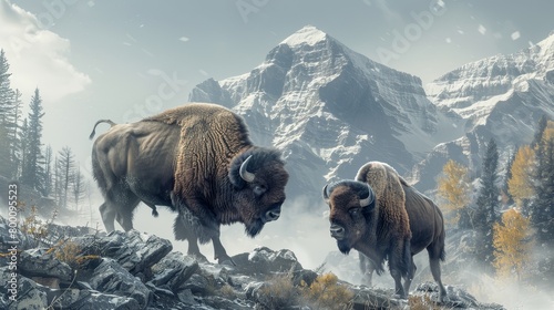 Two buffalo are standing in front of a mountain photo