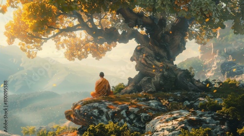 A monk meditating under an old tree.