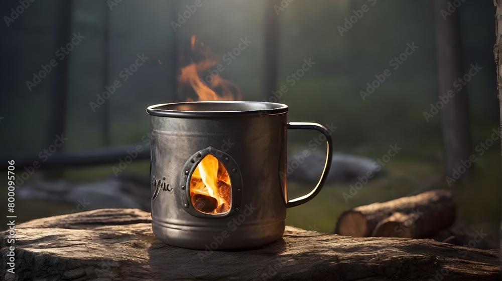 A rustic metal camping mug placed next to a crackling campfire in the wilderness -- A rustic metal camping mug placed next to a crackling campfire in the wilderness --