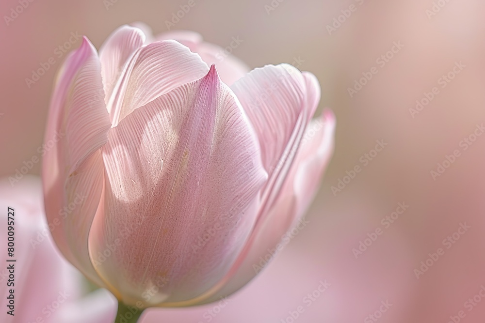 A macro photograph of a pink tulip, showcasing the delicate patterns and soft texture of its petals. The light casts subtle shadows, revealing depth and dimension