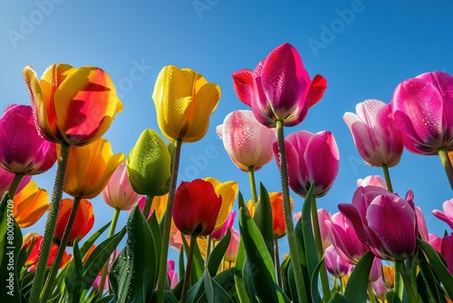 A lush garden of mixed color tulips  each color vividly standing out against the others  nestled under a clear blue spring sky. Dew drops glisten on petals