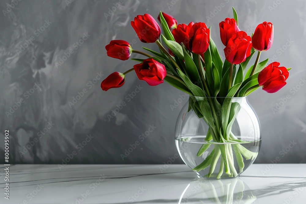 A minimalist composition featuring a sleek, modern glass vase filled with bright red tulips A minimalist composition featuring a sleek, modern glass vase filled with bright red tulips