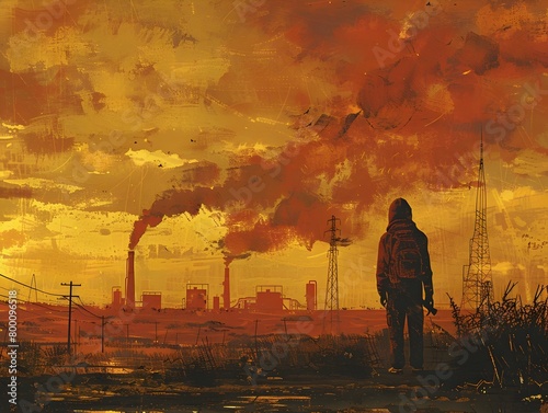 Lone Figure Holds Vial of Clean Fuel Amidst Polluted Dystopian Cityscape Symbolizing Hope for Innovative Environmental